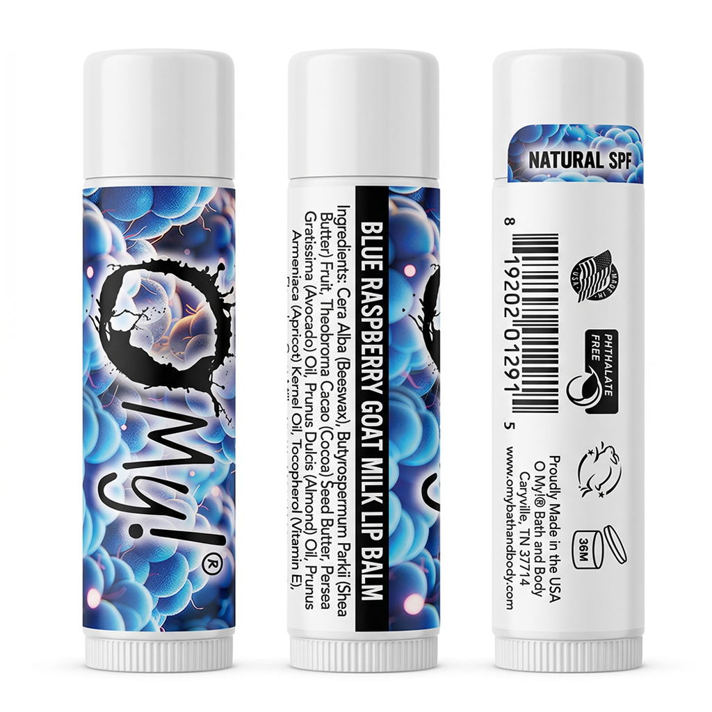 Three views of O My! Blue Raspberry Goat Milk lip balm tubes on a white background