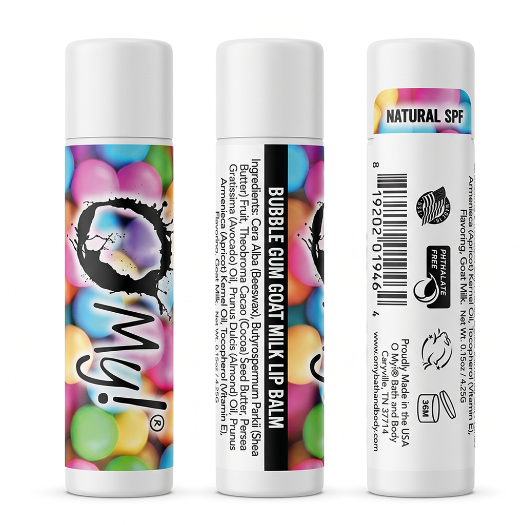 Three views of O My! Bubble Gum Goat Milk lip balm tubes on a white background