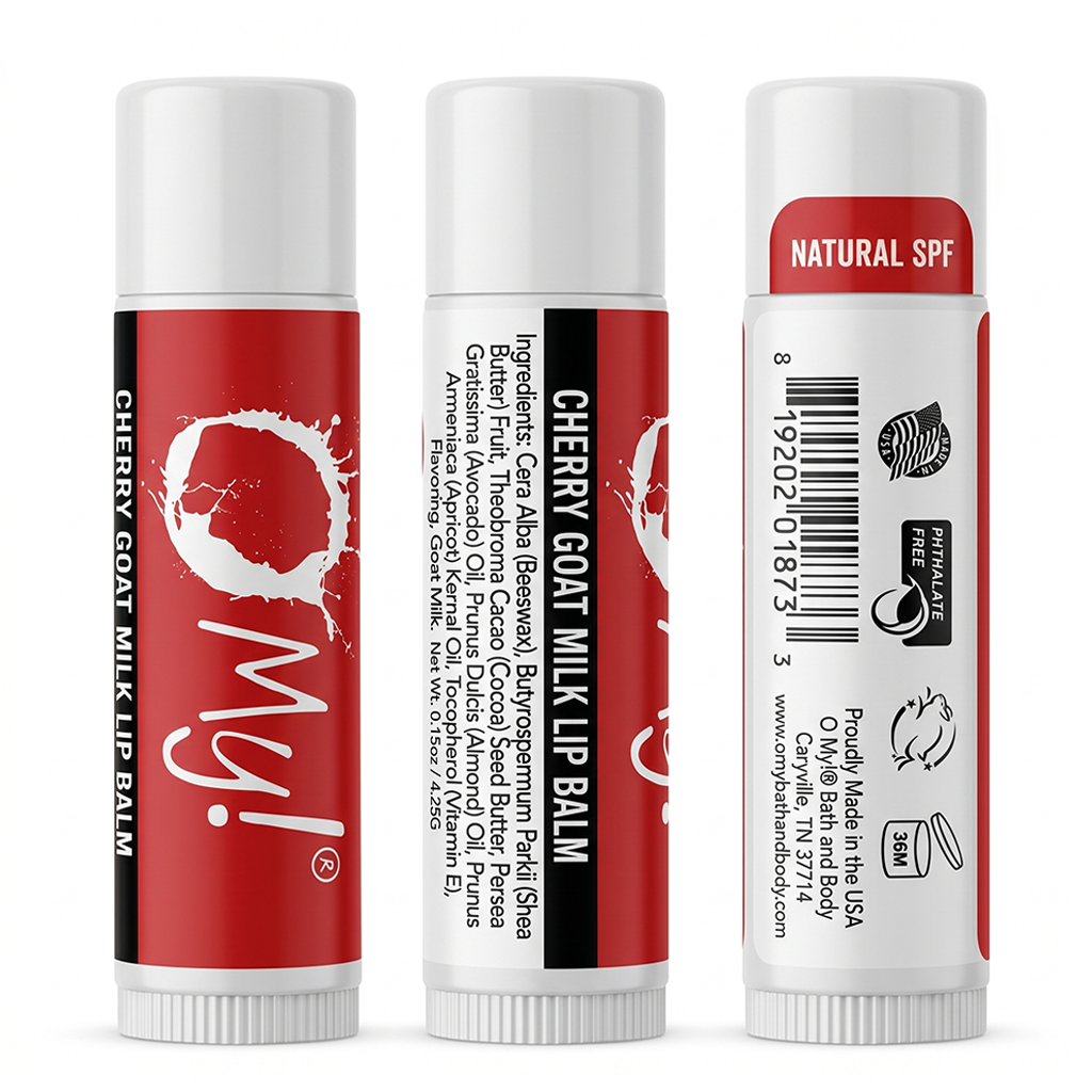 Three views of O My! Cherry Goat Milk lip balm tubes on a white background