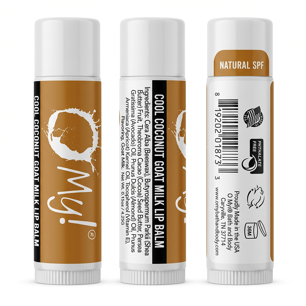 Three views of O My! Cool Coconut Goat Milk lip balm tubes on a white background