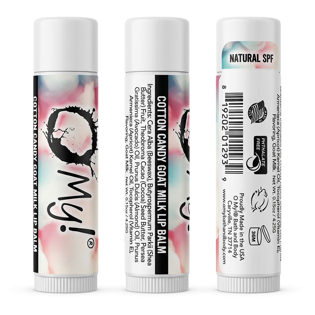 Three views of O My! Cotton Candy Goat Milk lip balm tubes on a white background