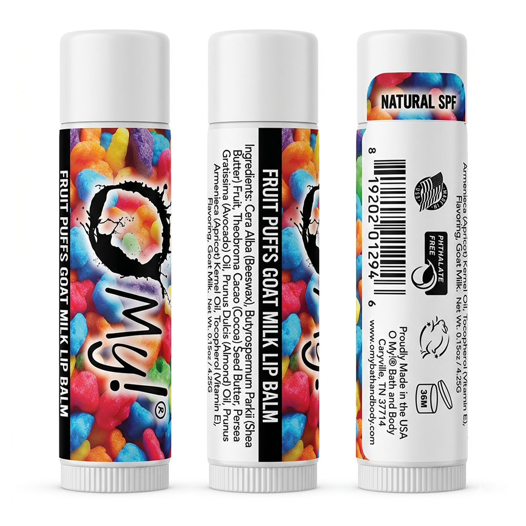 Three views of O My! Fruit Puffs Goat Milk lip balm tubes on a white background