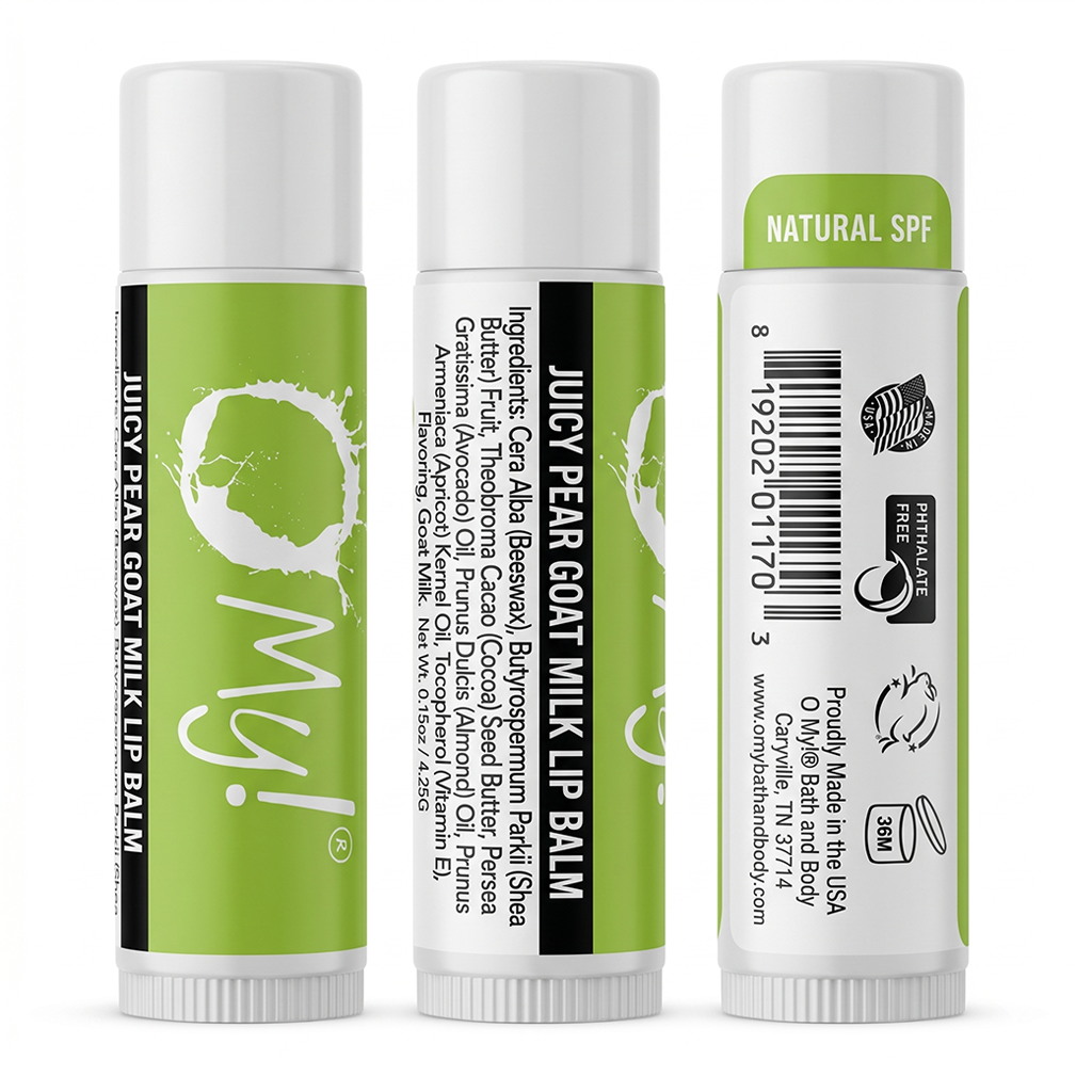 Three views of O My! Juicy Pear Goat Milk lip balm tubes on a white background