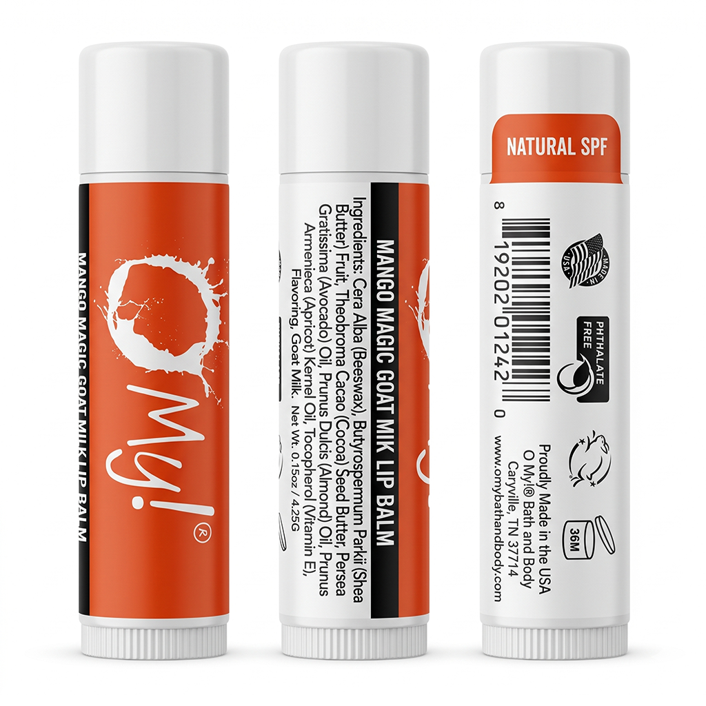 Three views of O My! Mango Magic Goat Milk lip balm tubes on a white background