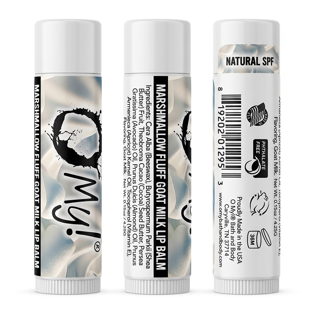 Three views of O My! Marshmallow Fluff Goat Milk lip balm tubes on a white background