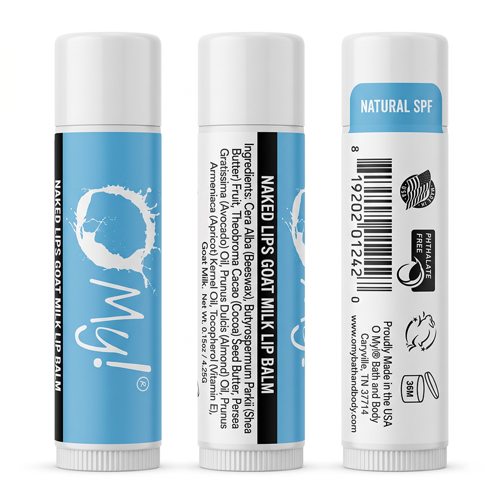 Three views of O My! Naked Lips Goat Milk lip balm tubes on a white background