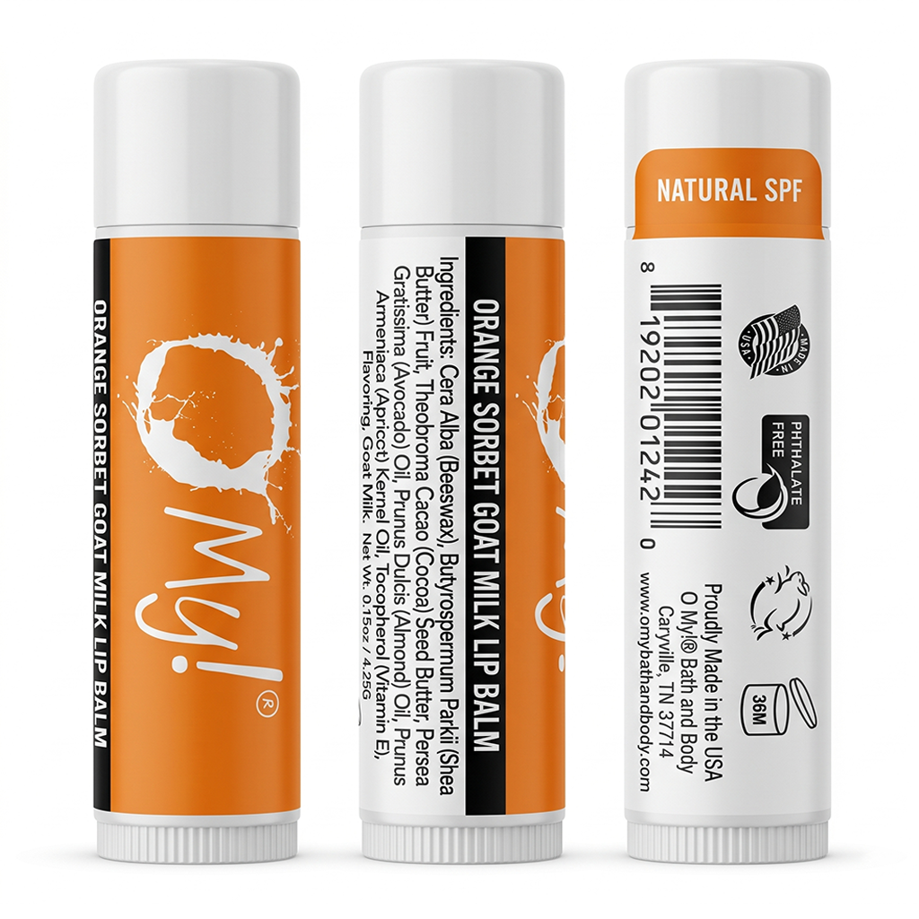 Three views of O My! Orange Sorbet Goat Milk lip balm tubes on a white background