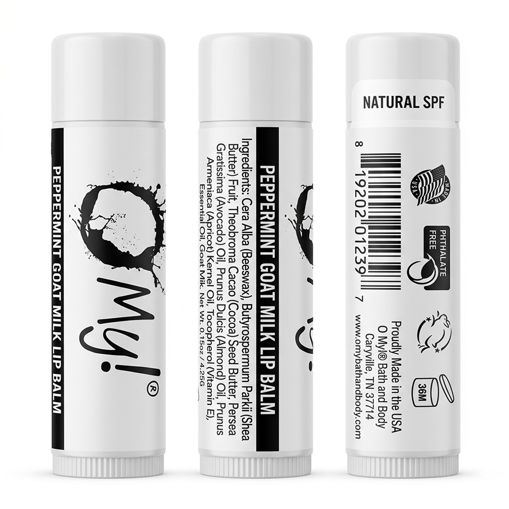 Three views of O My! Peppermint Goat Milk lip balm tubes on a white background