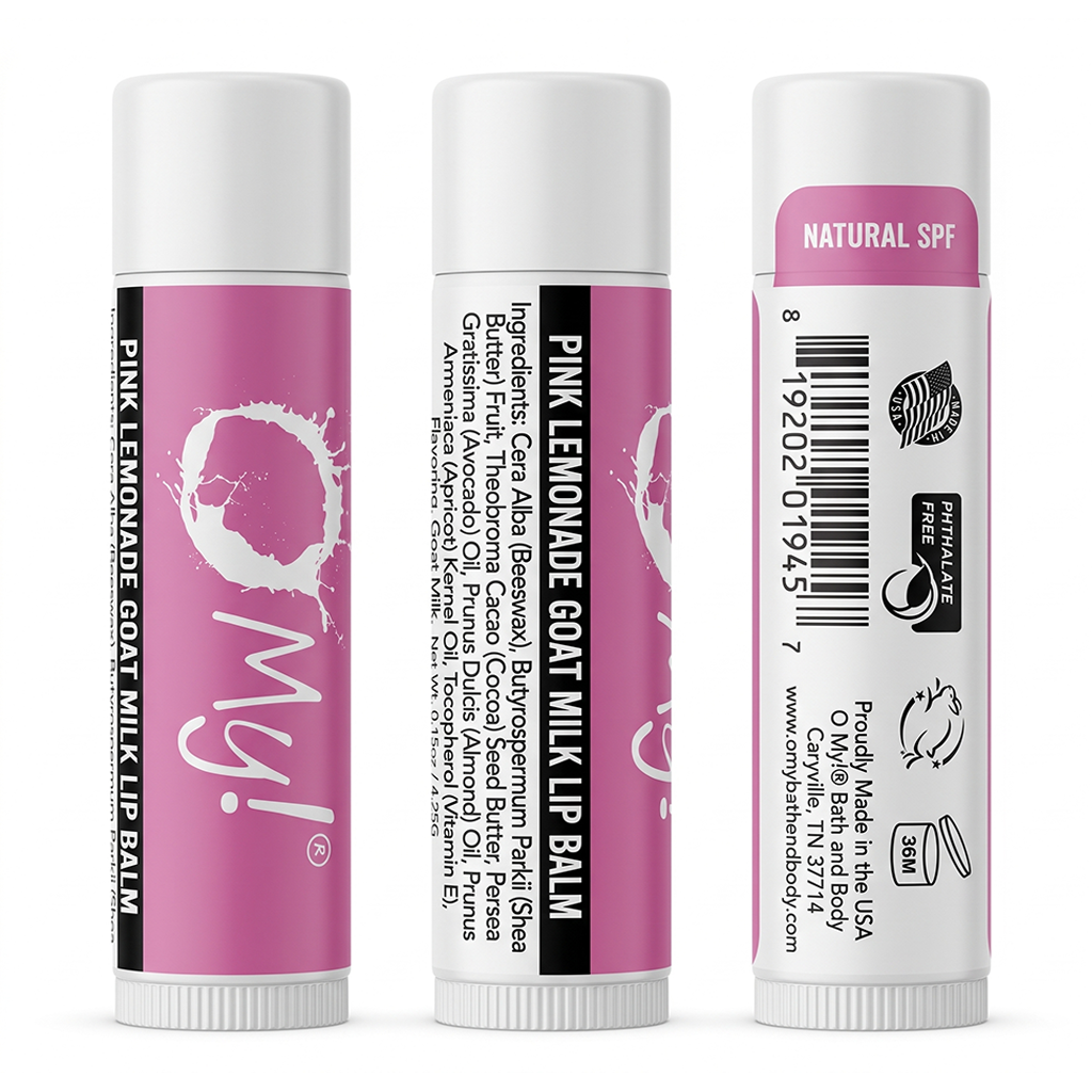 Three views of O My! Pink Lemonade Goat Milk lip balm tubes on a white background