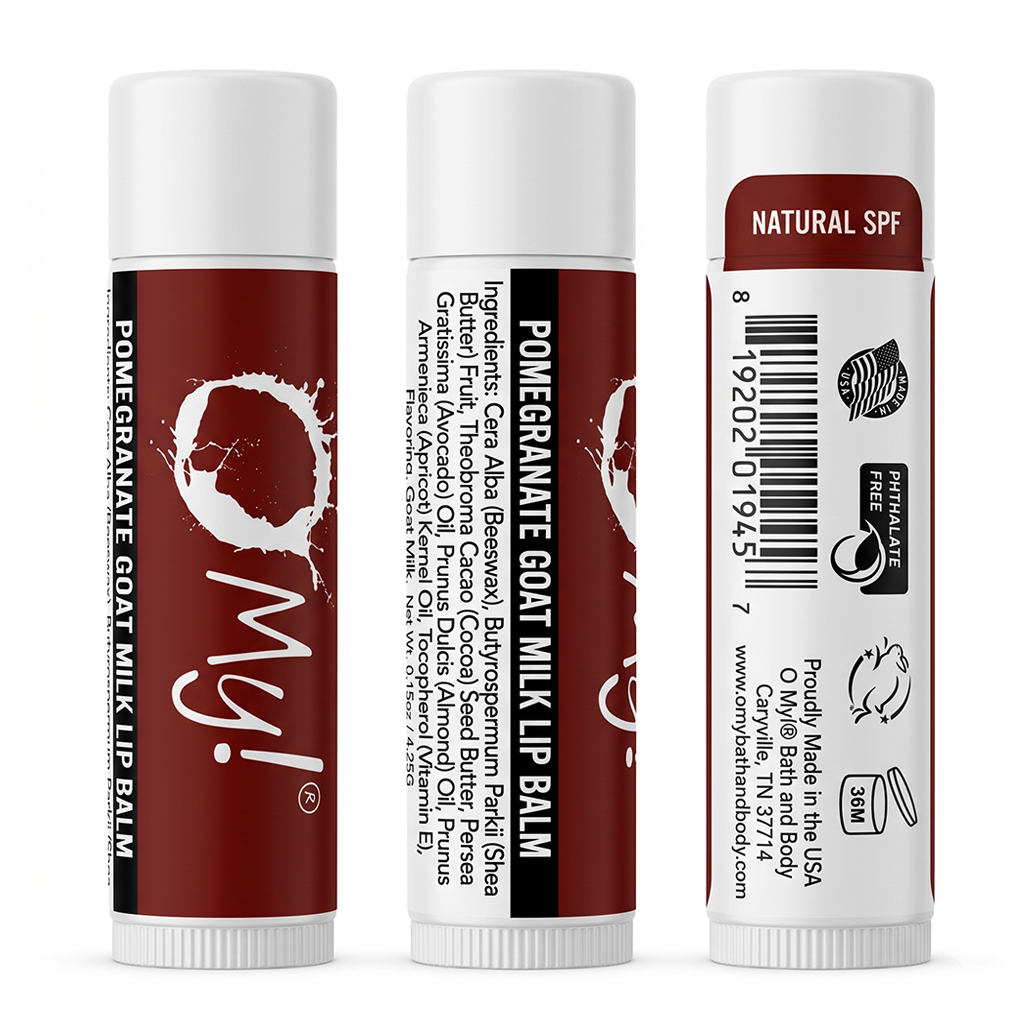 Three views of O My! Pomegranate Goat Milk lip balm tubes on a white background