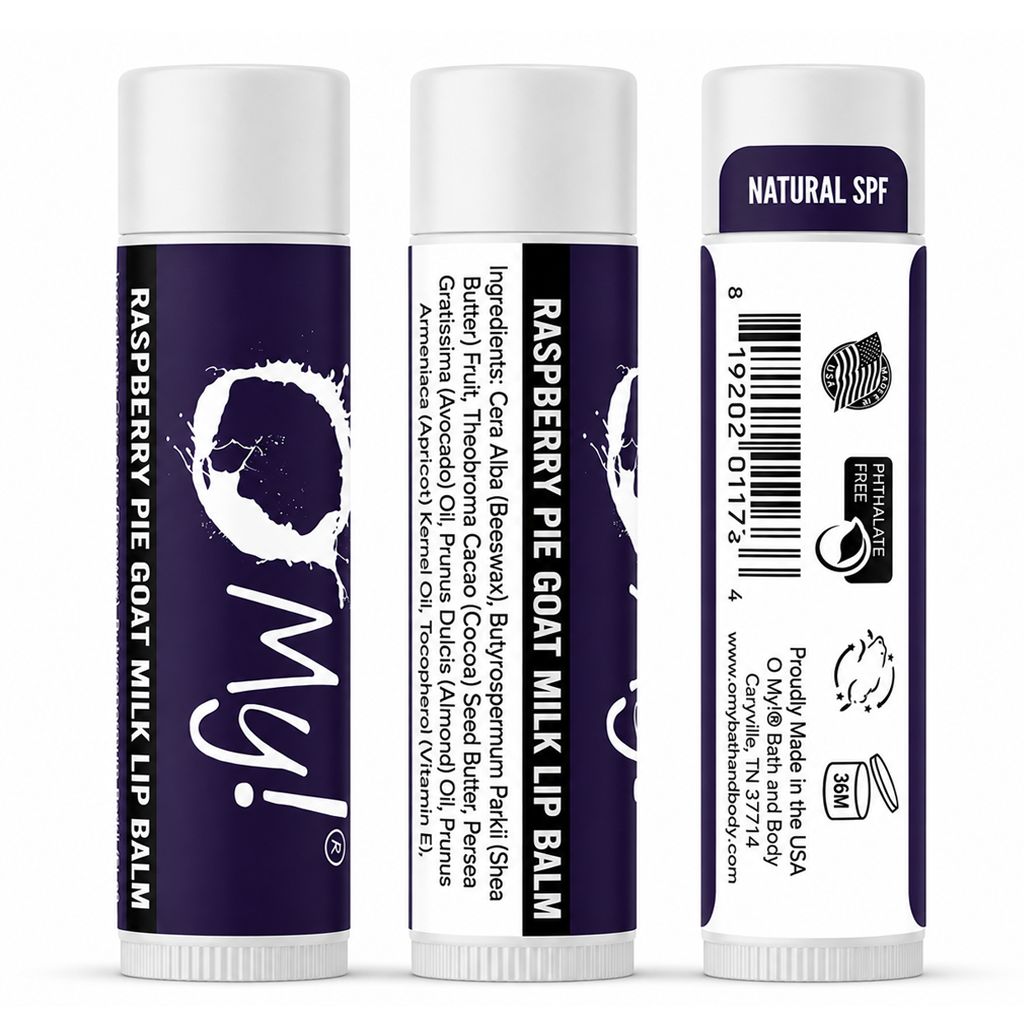 Three views of O My! Raspberry Pie Goat Milk lip balm tubes on a white background