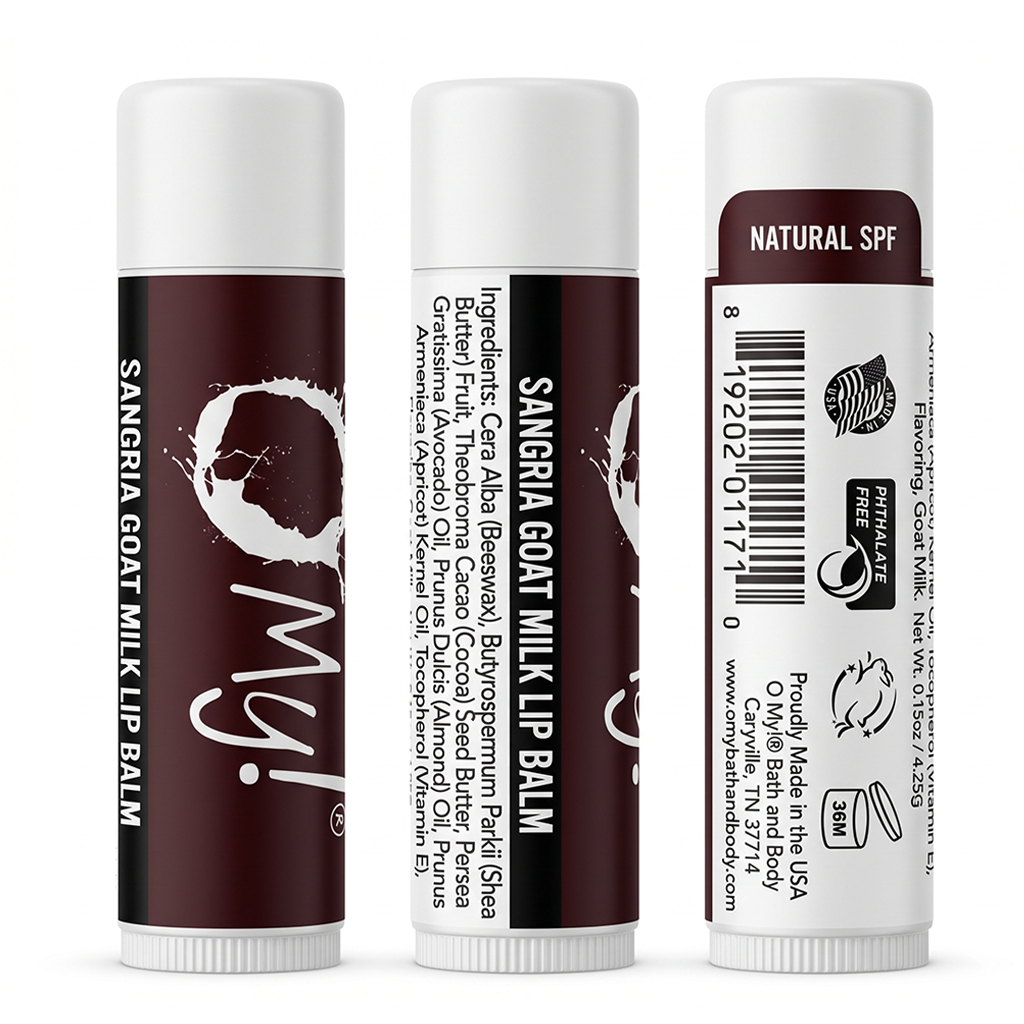 Three views of O My! Sangria Goat Milk lip balm tubes on a white background