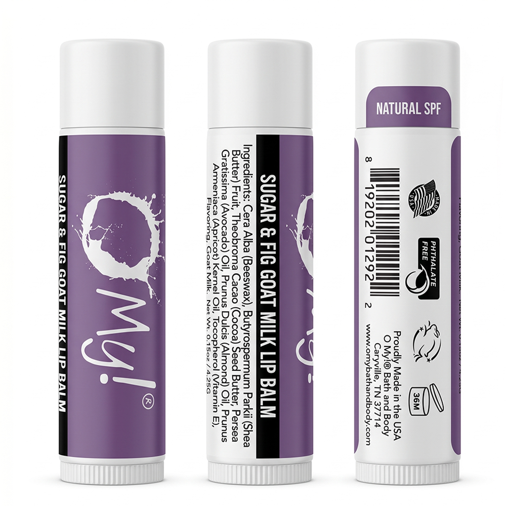 Three views of O My! Sugar & Fig Goat Milk lip balm tubes on a white background