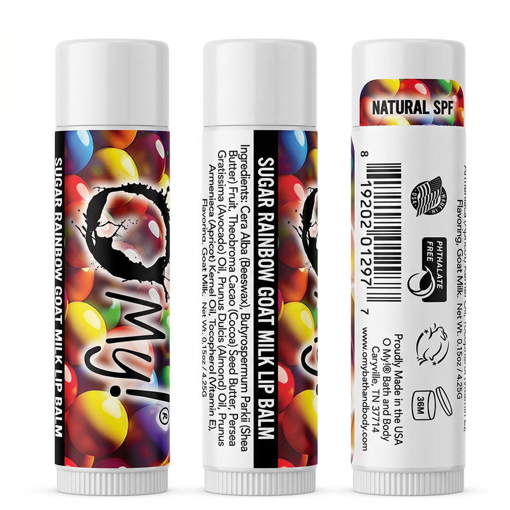 Three views of O My! Sugar Rainbow Goat Milk lip balm tubes on a white background