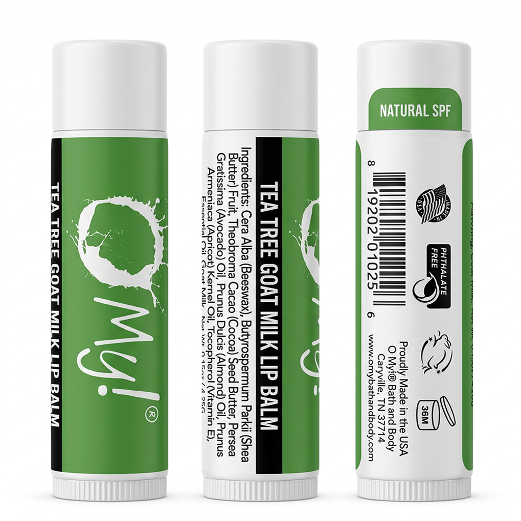 Three views of O My! Tea Tree Goat Milk lip balm tubes on a white background