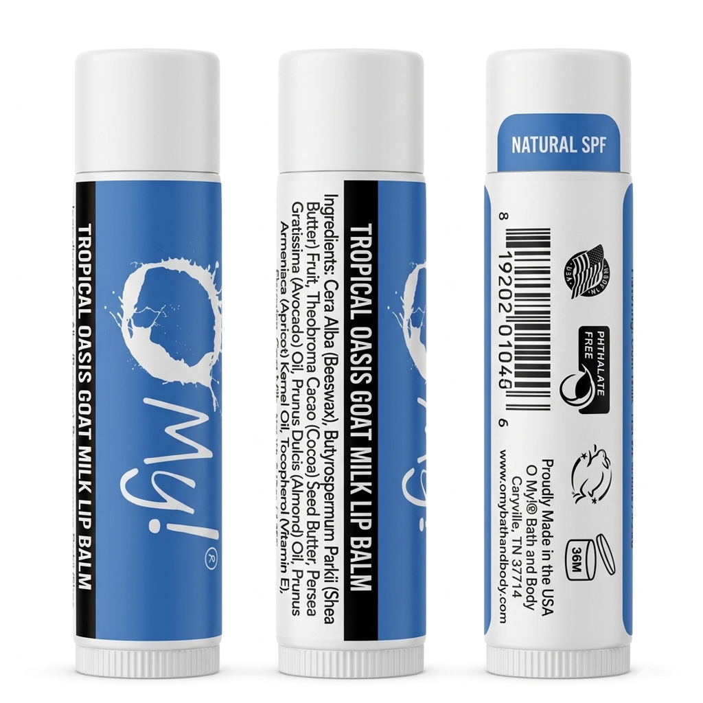 Three views of O My! Tropical Oasis Goat Milk lip balm tubes on a white background