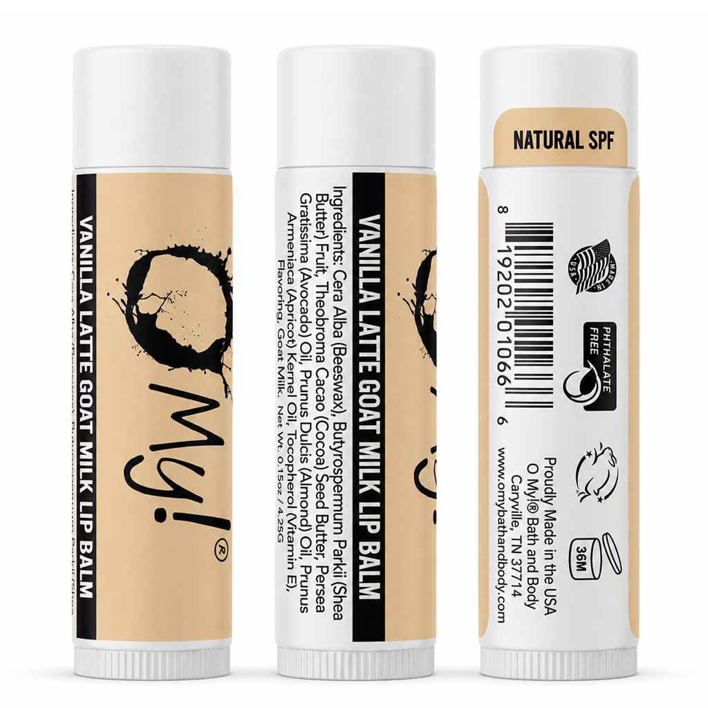 Three views of the O My! Vanilla Latte Goat Milk Lip Balm on a pure white background.