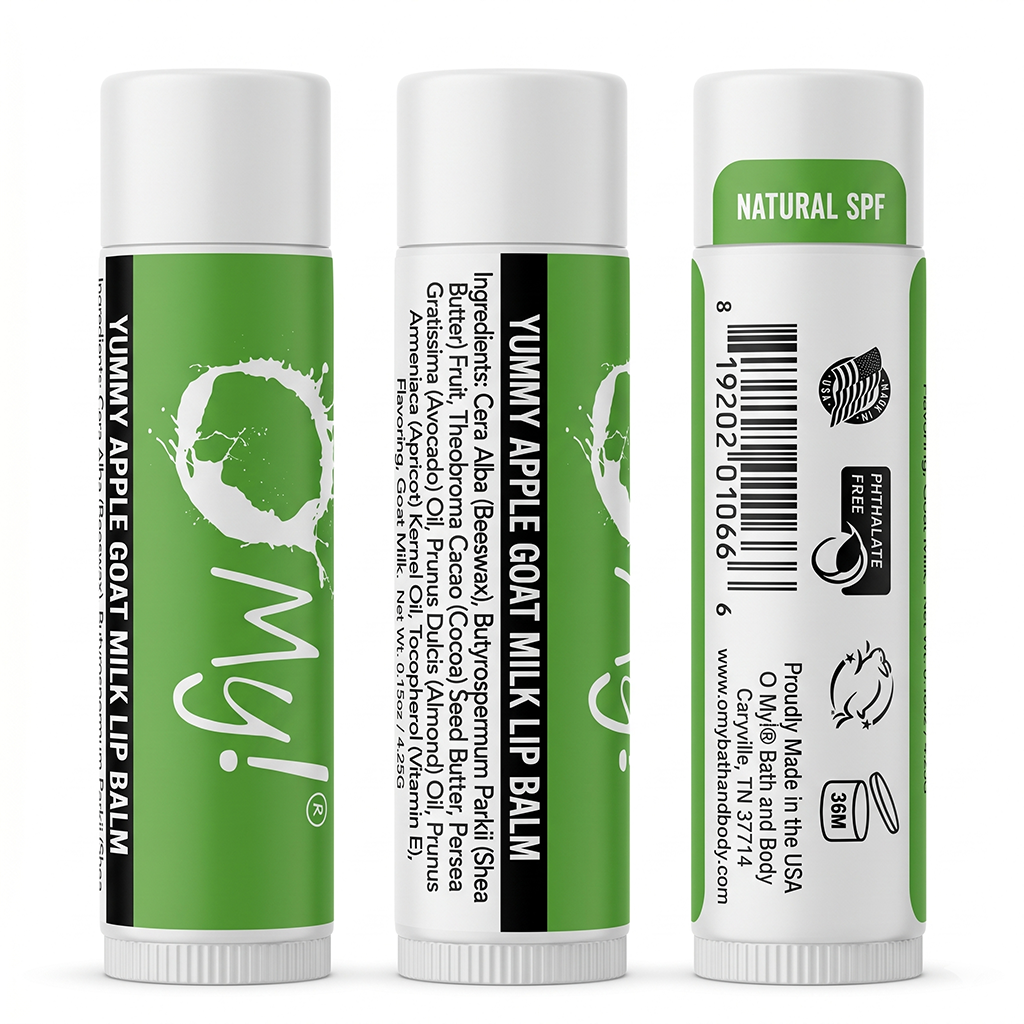 Three views of O My! Yummy Apple Goat Milk lip balm tubes on a white background