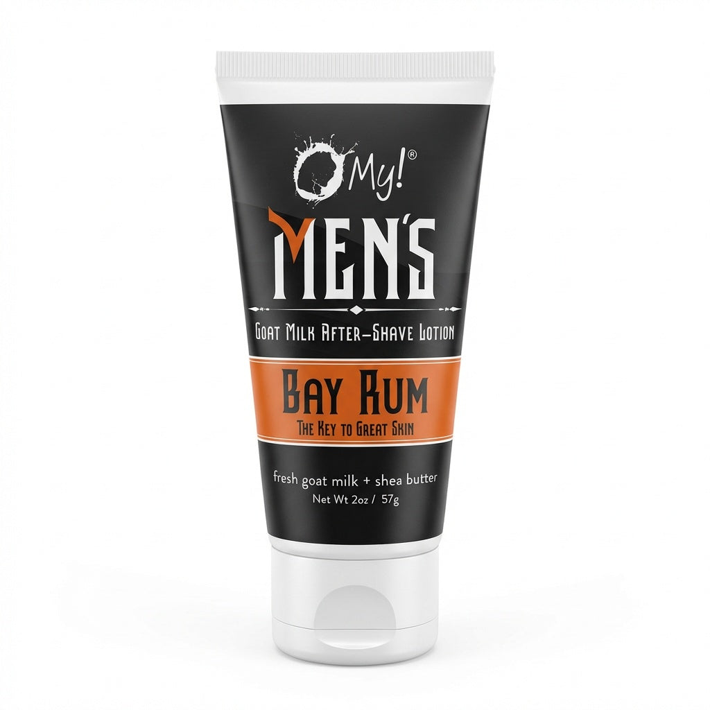 O My! Men's Bay Rum goat milk after-shave lotion tube on a background.