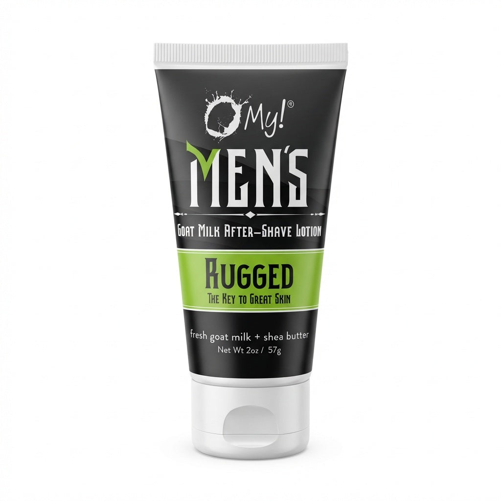 O My! Men's Rugged goat milk after-shave lotion tube on a background.