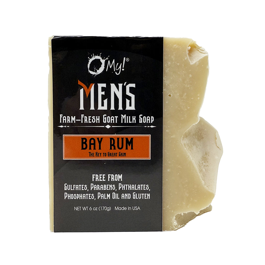 Bar of O My! Goat Milk soap with a black packaging label on a white background