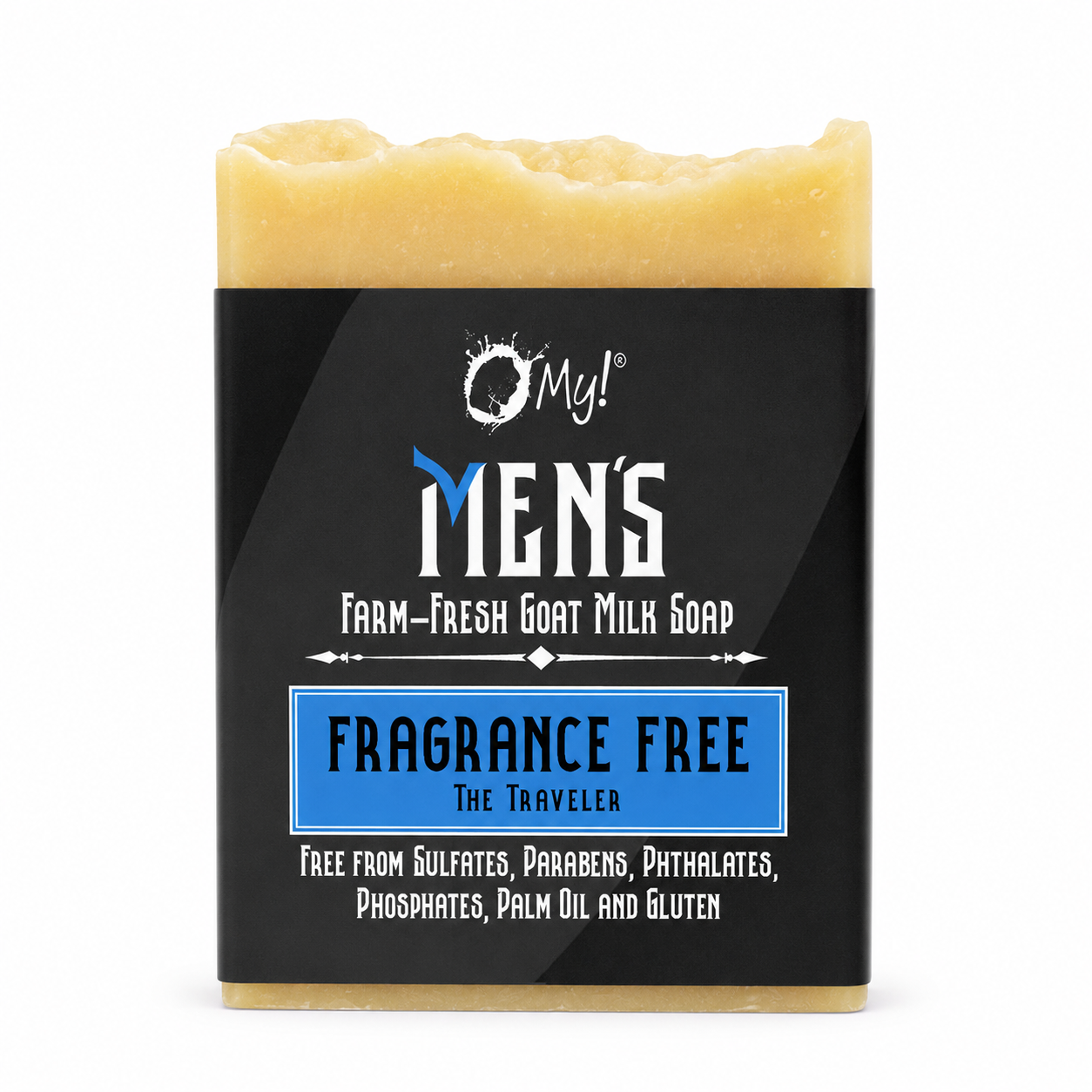 Bar of O My! Men's goat milk soap in Fragrance Free with pure white background.