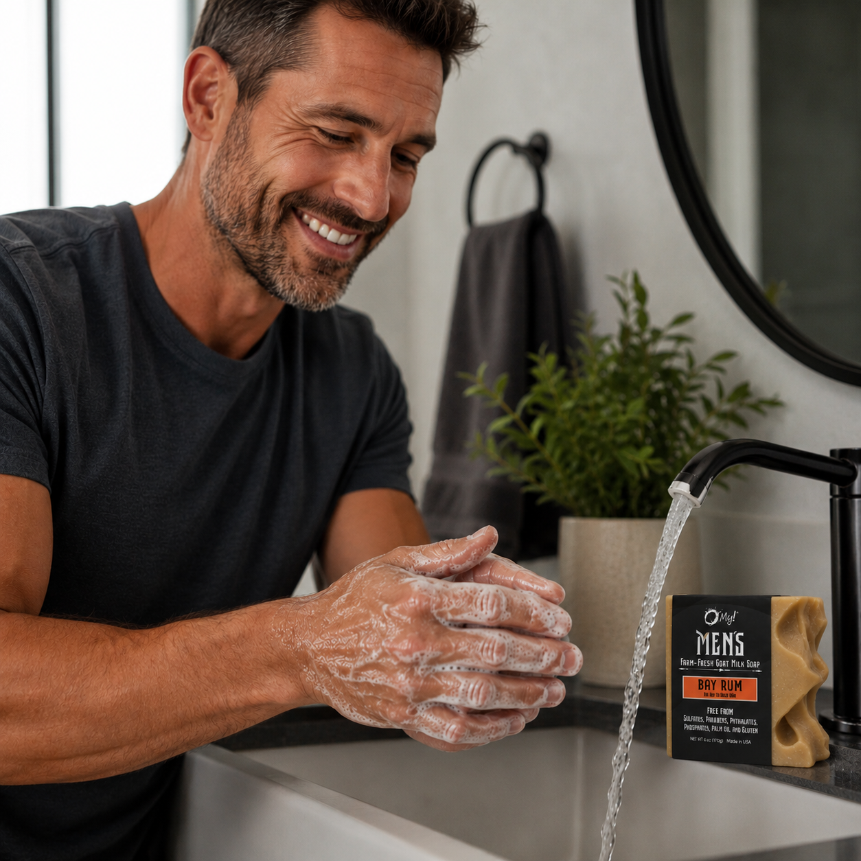 Man washing hands with O My! Bay Rum goat milk soap at a bathroom sink.