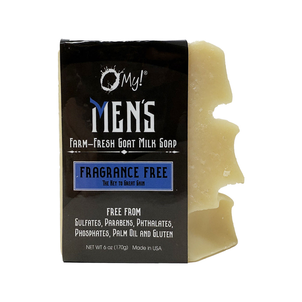 Bar of O My! goat milk soap with packaging label on a white background