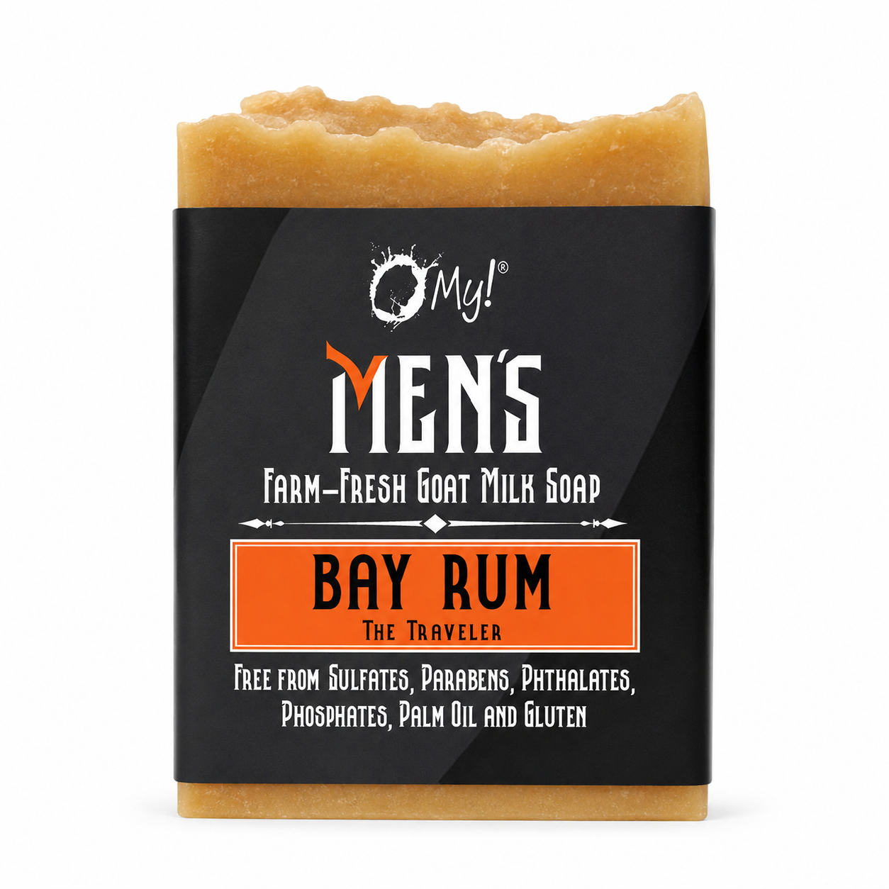 Bar of O My! Men's goat milk soap in Bay Rum with pure white background.