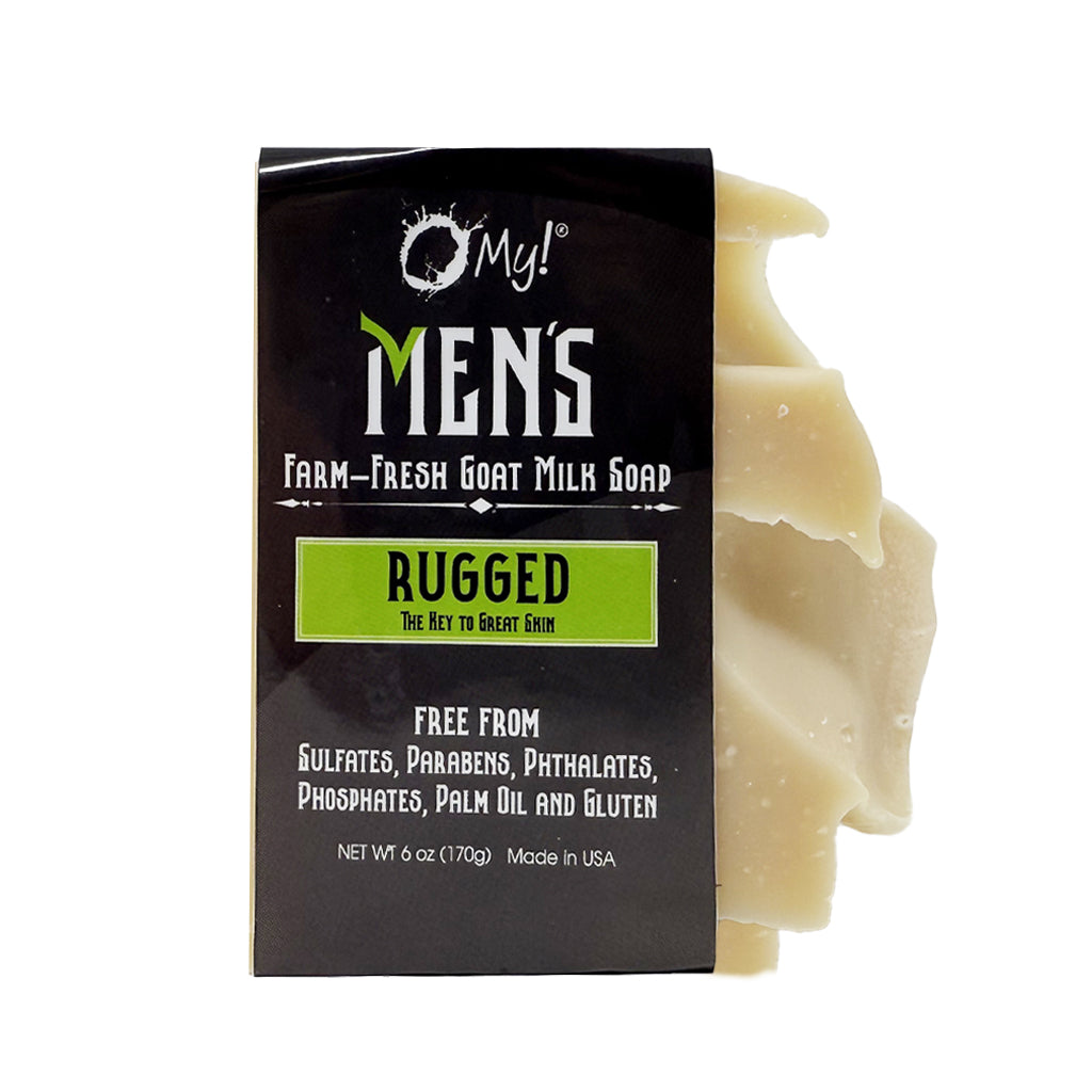 O My! Men's Rugged Goat Milk soap with packaging on a white background