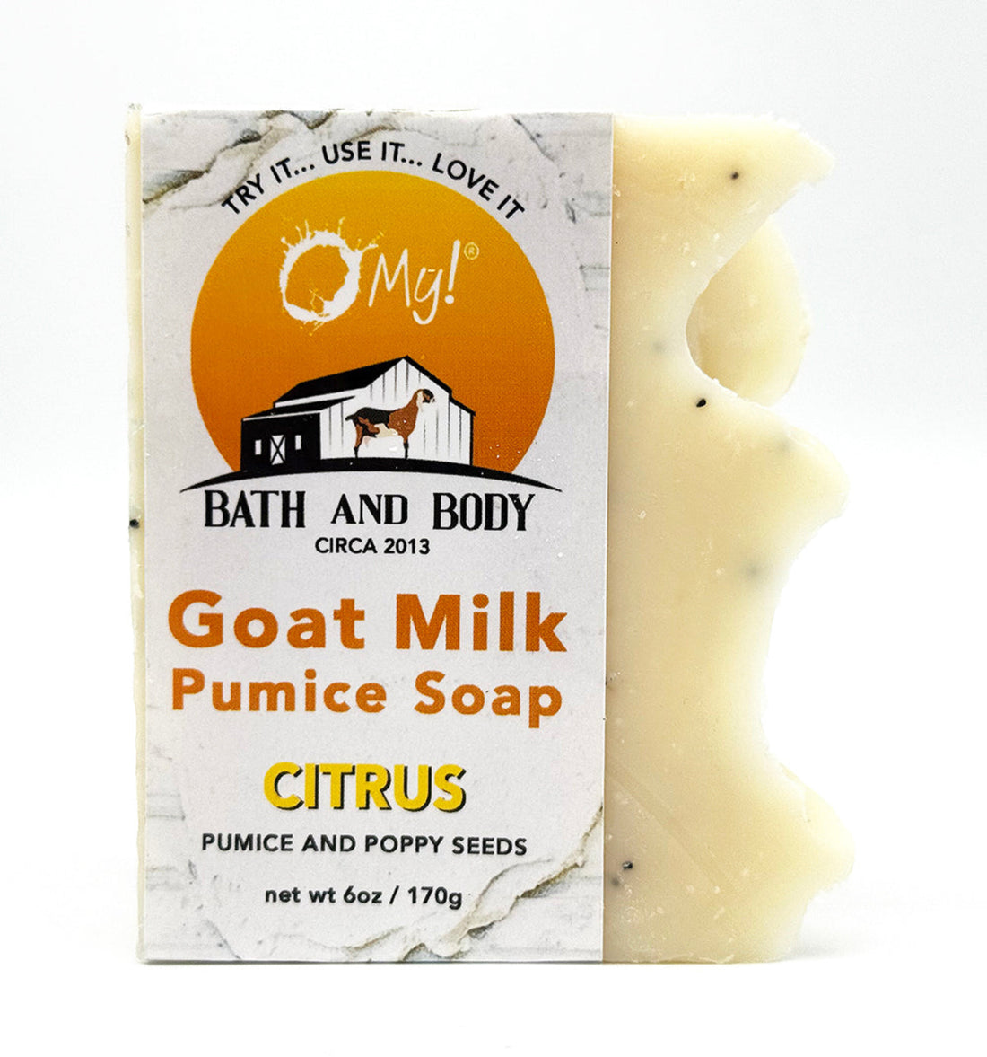 O My! Pumice Goat Milk Soap Citrus made with raw goat milk, pumice and poppy seeds for excellent exfoliation