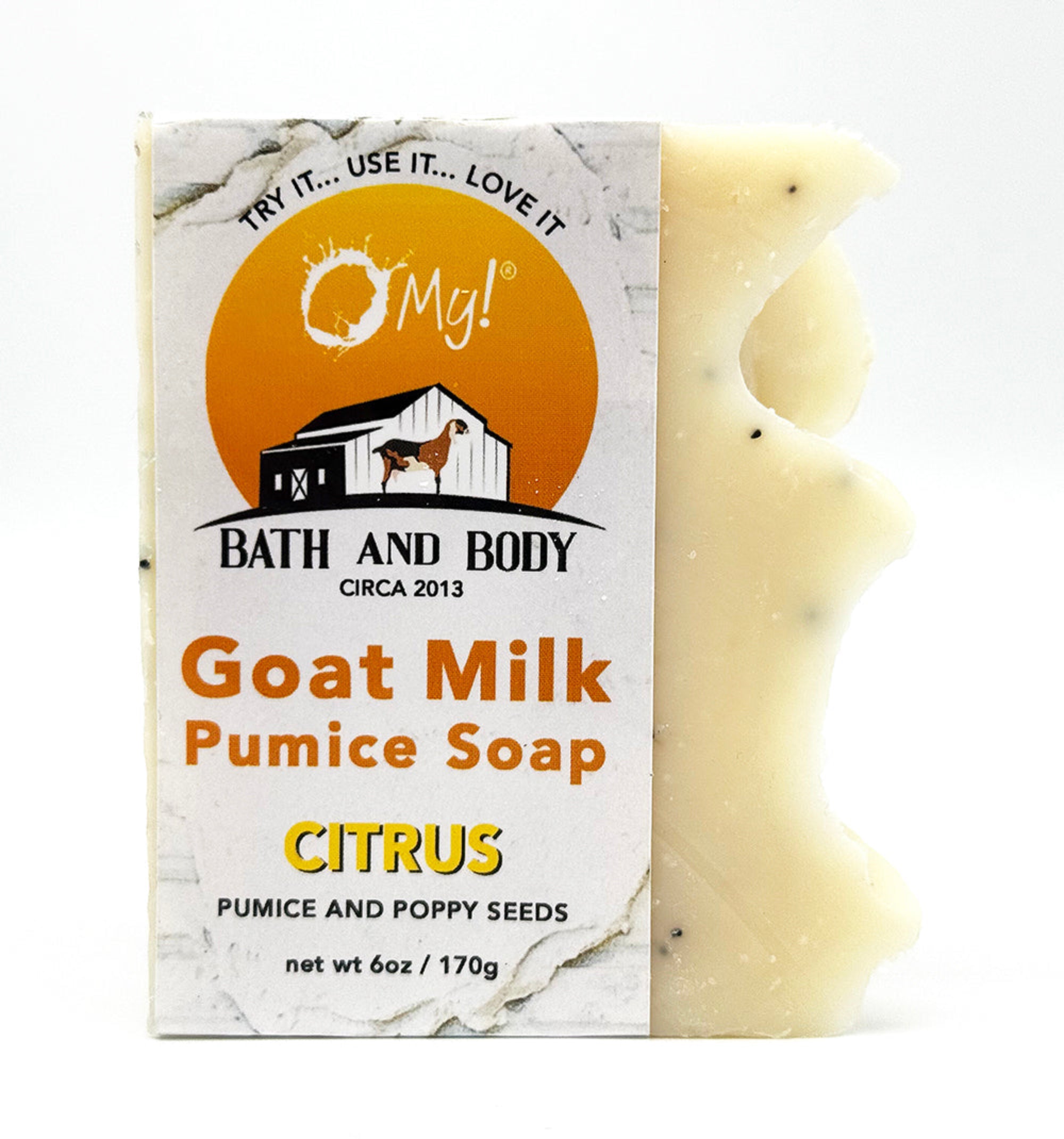 O My! Pumice Goat Milk Soap Citrus made with raw goat milk, pumice and poppy seeds for excellent exfoliation