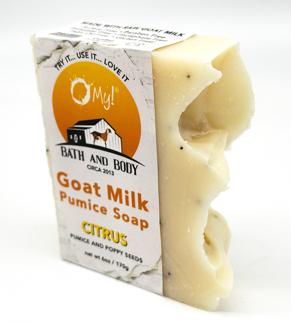 O My! Pumice Goat Milk Soap Citrus made with raw goat milk, pumice and poppy seeds for excellent exfoliation