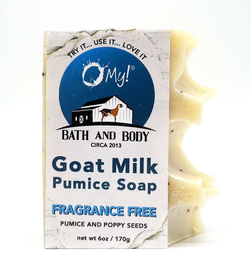 O My! Pumice Goat Milk Soap Fragrance Free made with raw goat milk, pumice and poppy seeds for excellent exfoliation