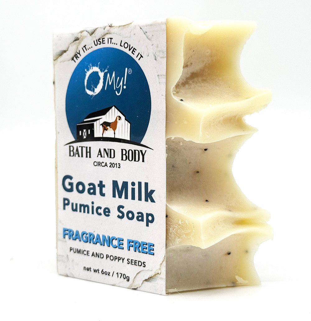 O My! Pumice Goat Milk Soap Fragrance Free made with raw goat milk, pumice and poppy seeds for excellent exfoliation