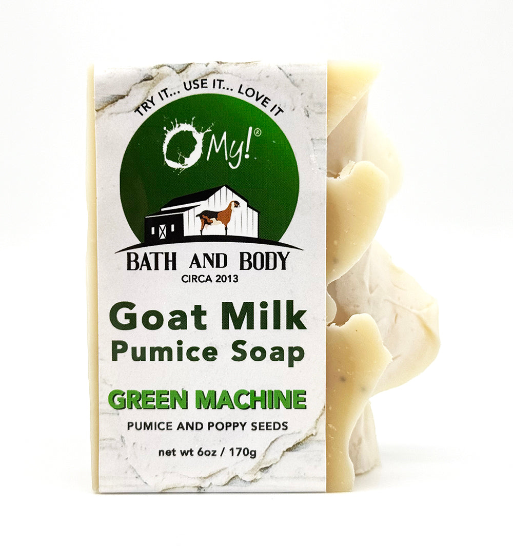 O My! Pumice Goat Milk Soap Green Machine made with raw goat milk, pumice and poppy seeds for excellent exfoliation
