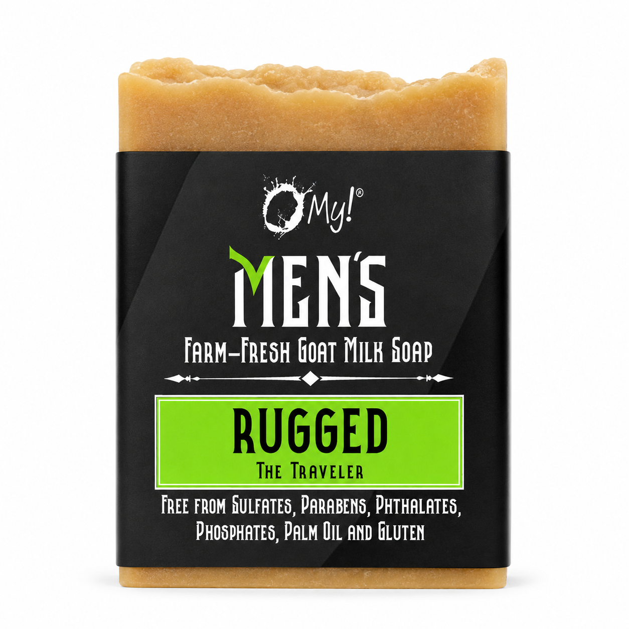 Bar of O My! Men's goat milk soap in Rugged with pure white background.