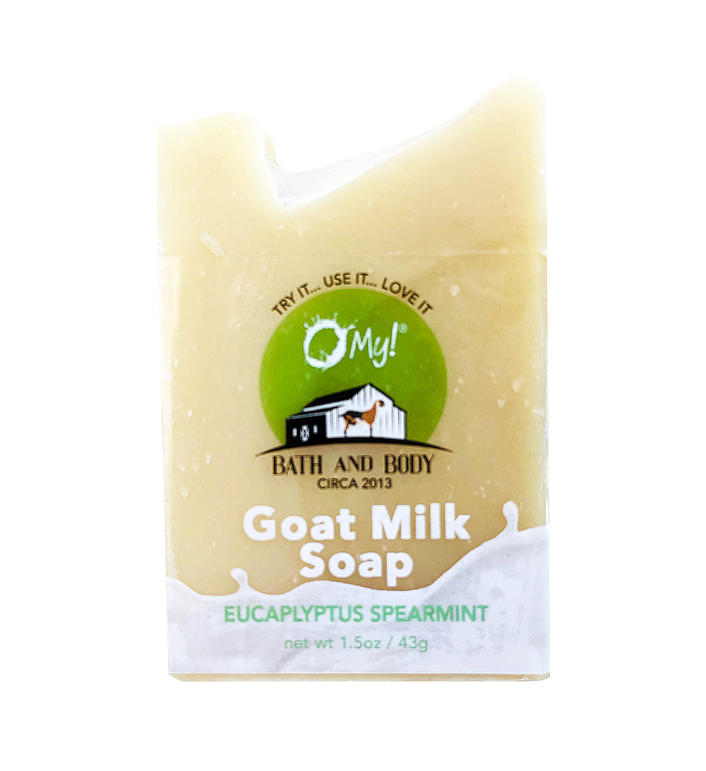 Goat milk soap packaging with 'O My! Bath and Body' branding on a clear label.  Scent of Essential Oils Eucalyptus and Spearmint