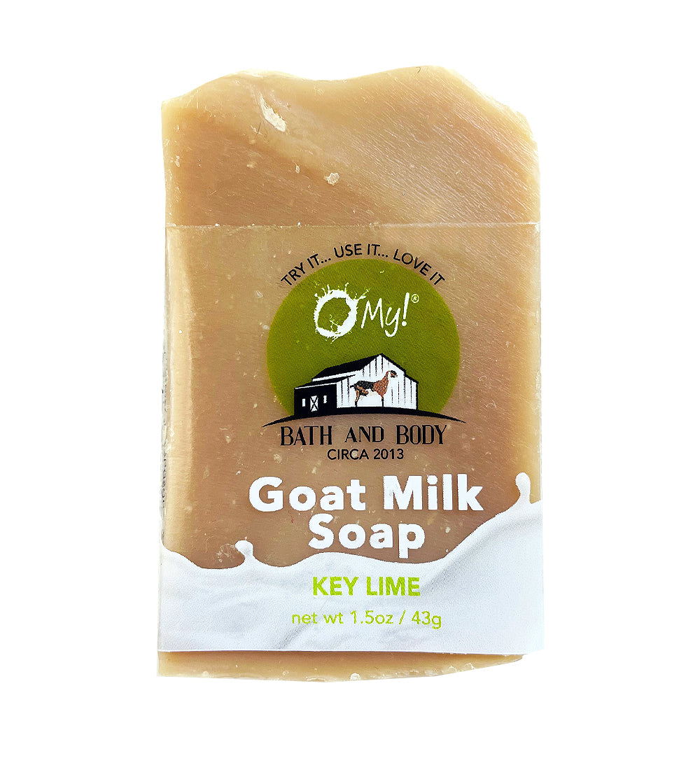 Goat milk soap packaging with 'O My! Bath and Body' branding on a clear label.  Phthalate Free fragrance Key Lime
