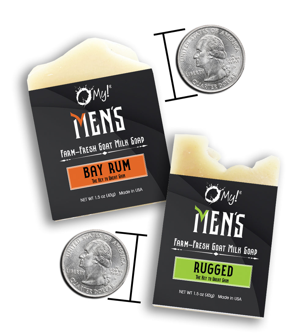 O My! Men's Goat Milk Hotel Sized Bar soap in Rugged and Bay Rum plus Fragrance Free.  Quarters are there for size reference.  Short & wide or tall & skinny, we aim for a 1.5oz bar soap.  Remember, these are handmade and hand cut.  Enjoy!