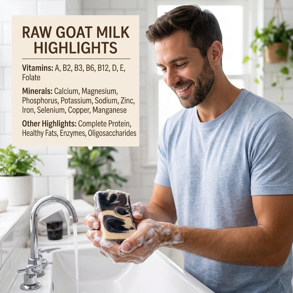 Man washing hands with O My! Artisan Cinnamon Mocha Latte goat milk soap in a kitchen, with text about raw goat milk highlights.