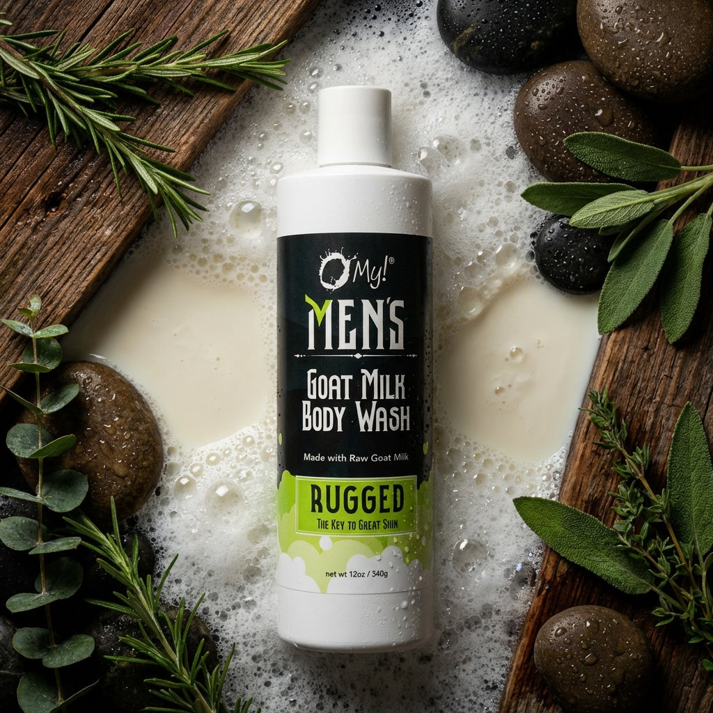 O My! Men's Goat Milk Body Wash Rugged bottle on a textured surface with greenery and stones