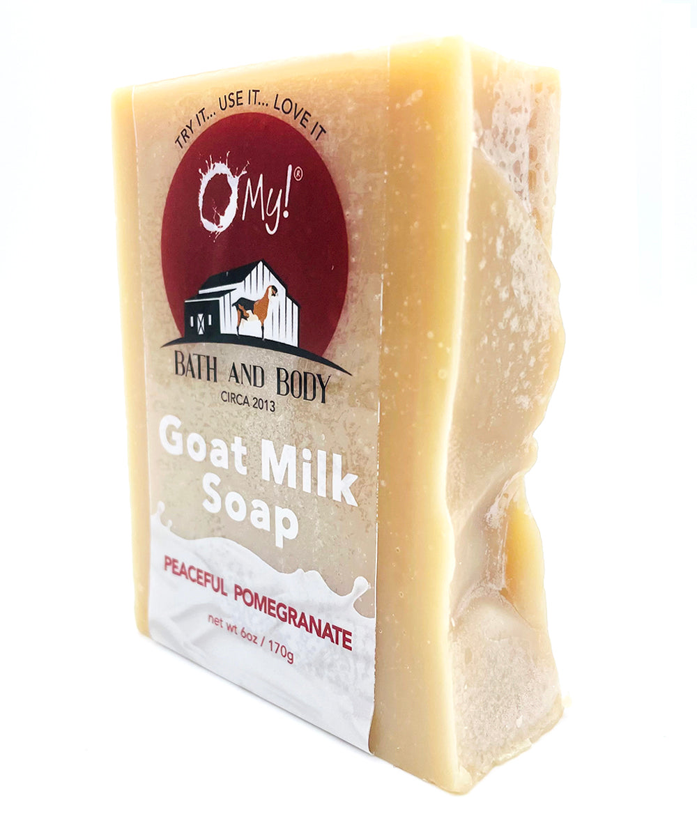 O My! Goat Milk Bar Soap Peaceful Pomegranate handcrafted in the USA and all natural made with raw goat milk sourced from US goat farms.