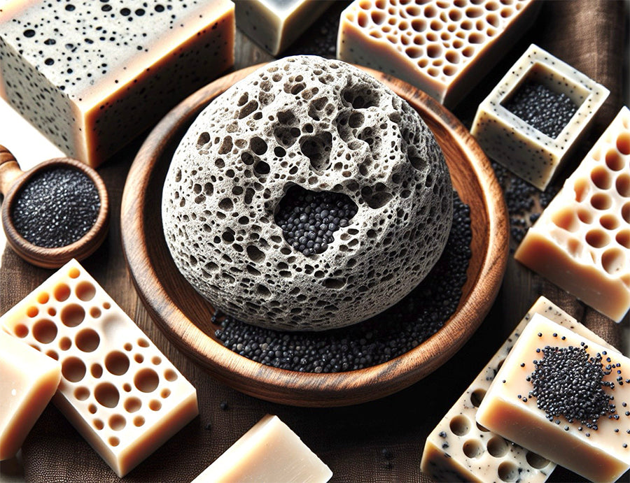 O My! Bath and Body Various types of soap bars with a central textured pumice stone on a wooden surface