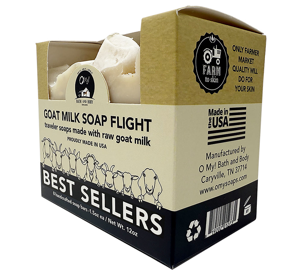 O My! Best Sellers Goat Milk Soap Flight of 8 handcrafted traveler bars made with raw goat milk, fresh from the farm.  Made in USA - Try it them all and find out which one is your favorite!
