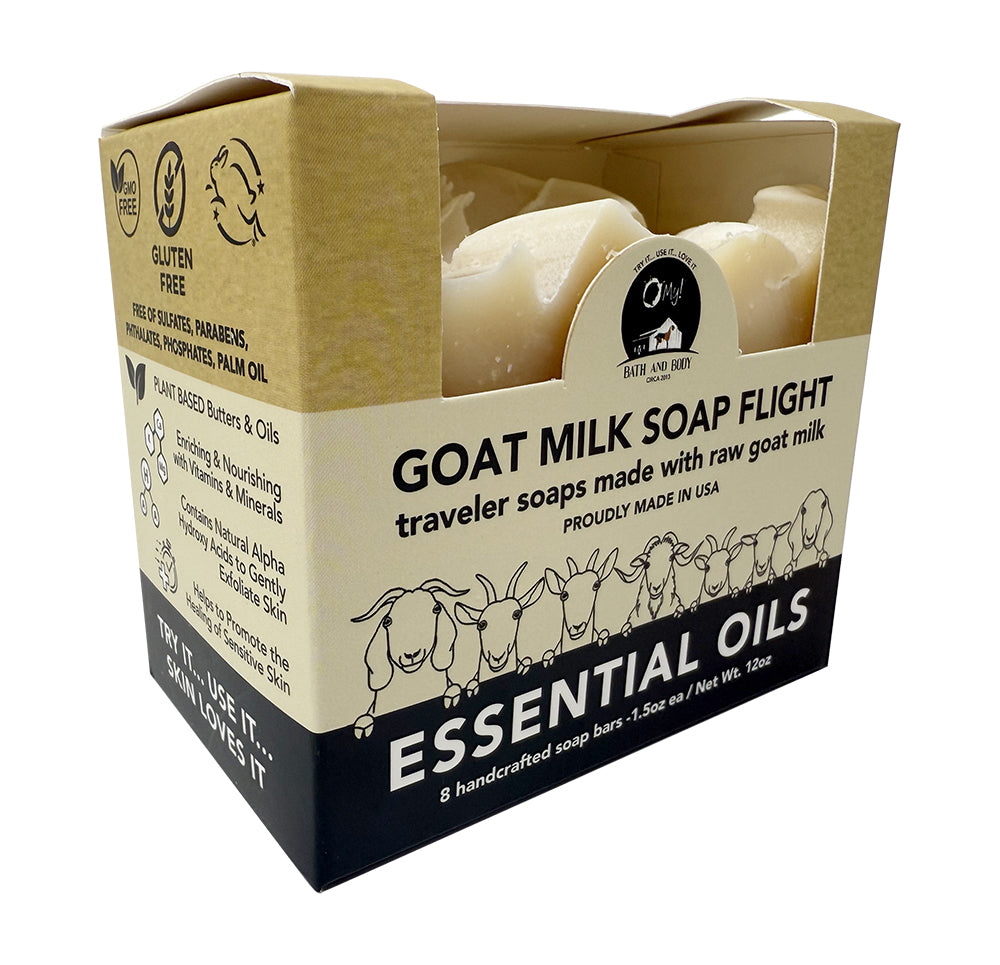 O My! Essential Oils Goat Milk Soap Flight of 8 handcrafted traveler bars made with raw goat milk, fresh from the farm.  Made in USA - Try it them all and find out which one is your favorite!