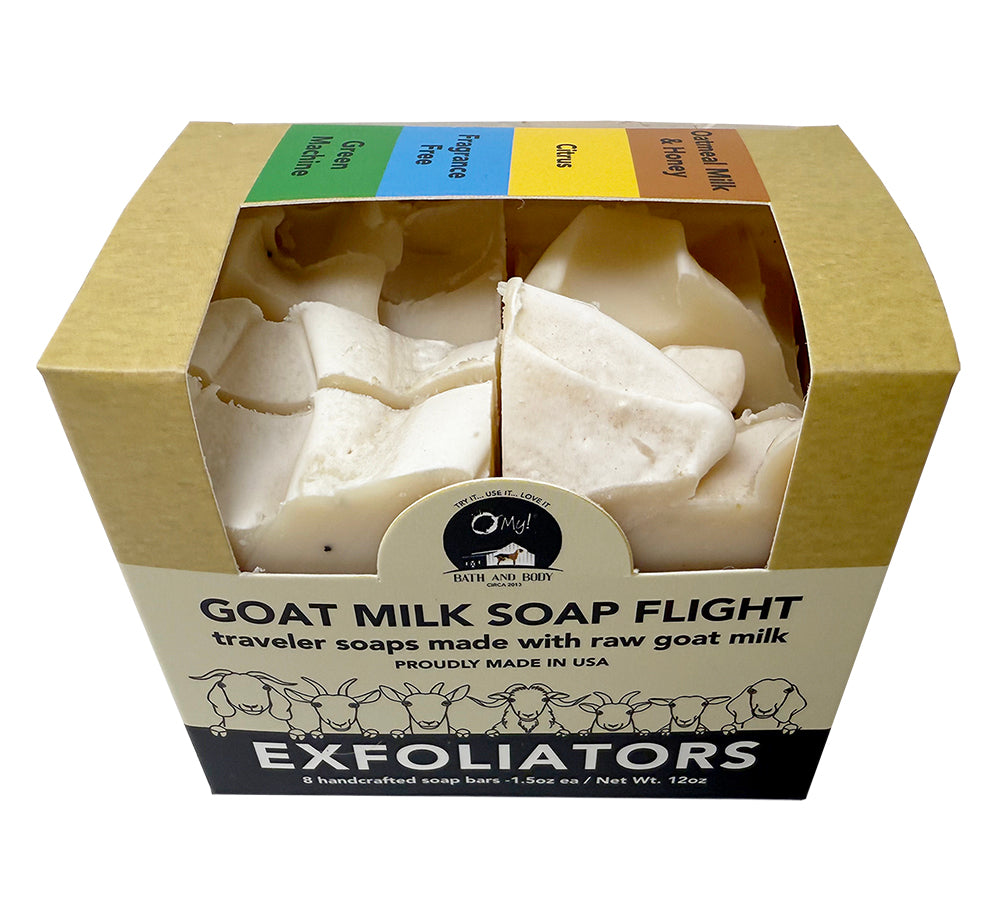 O My! Exfoliators Goat Milk Soap Flight of 8 handcrafted traveler bars made with raw goat milk, fresh from the farm.  Made in USA - Try it them all and find out which one is your favorite!