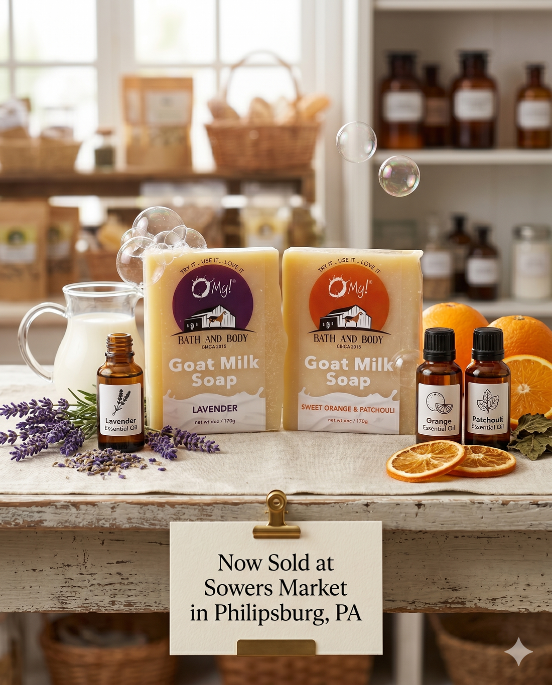 O My! Goat milk soap in Lavender and Sweet Orange & Patchouli, among many other things, on a wooden surface with a sign indicating availability at Sowers Market in Philipsburg, PA.