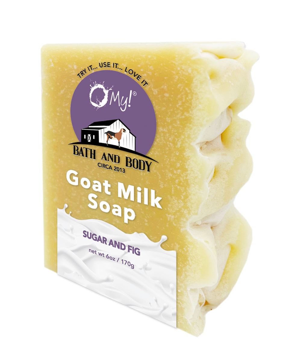 O My! Goat Milk Bar Soap Sugar & Fig handcrafted in the USA and all natural made with raw goat milk sourced from US goat farms.