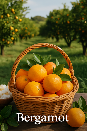 Orange orchard with a weaved basket of sweet oranges with leaves, sitting on brown wood table and leaves laying around the basket.